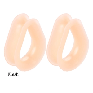 Detail view of teardrop hollow silicone ear tunnels in flesh pink color on white background