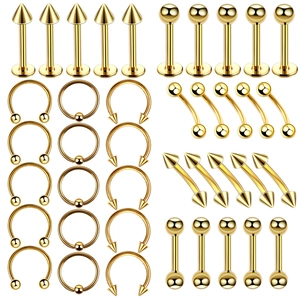 Detailed 40-piece rose gold stainless steel body piercing set display on white background