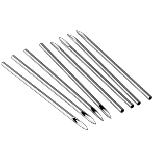 Set of 10 professional stainless steel piercing needles with sharp beveled tips on white background
