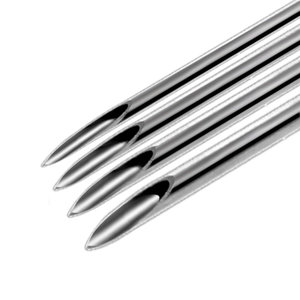 Sharp medical-grade stainless steel piercing needles with beveled tips on white background