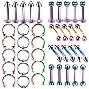 Rainbow plated stainless steel piercing set featuring labret studs and horseshoe rings