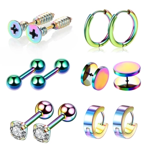 Set of 6 pairs rainbow stainless steel stud earrings with zircons in symmetric layout