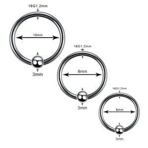 Size guide for 16G stainless steel captive bead rings with 6mm, 8mm, 10mm inner diameters