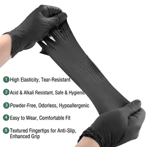 Elastic black nitrile gloves with textured fingertips showing high stretch resistance