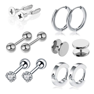 12Pcs stainless steel stud earring set featuring barbell and zircon styles for men and women