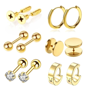 12-piece gold stainless steel earring set with barbell studs, zircons, and hoop styles