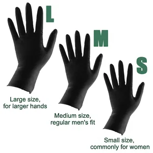 Black disposable nitrile gloves shown in sizes L, M, and S with anti-slip texture