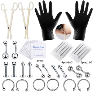 Detailed 42-piece body piercing kit with sterile needles, clamps, and stainless jewelry