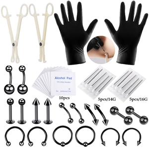 Professional 42-piece black stainless steel body piercing kit with tools and jewelry