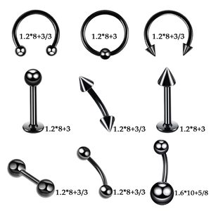 Detailed size chart for 42pcs black stainless steel body piercing kit and jewelry