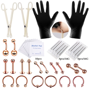 Stainless Steel Body Piercing Kit Horseshoe Ring Needles Disposable Clamps Alcohol Pads Gloves Set For Ear Nose Body Jewelry