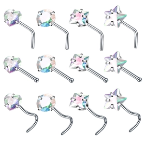 12-piece set of stainless steel nose studs featuring heart, star, and round cubic zirconia