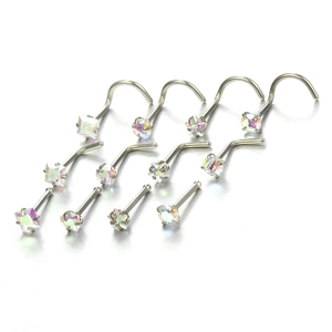 12-piece set of silver nose studs with AB zircon in heart, star, and round shapes