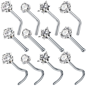 12pcs CZ nose stud set with heart, star, round and square shapes on white background
