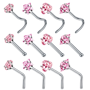 Set of 12 pink AAA zircon nose studs with star, heart, and square shapes on steel studs