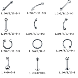 Comprehensive 12-piece stainless steel body piercing set with rings, studs and barbells