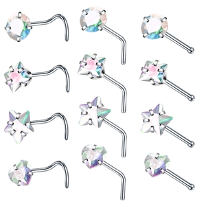 12-piece set of heart and star cubic zirconia nose studs in L-shape and screw styles