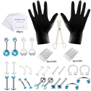 Kit De Perçage Corporel Professionnel En Acier Inoxydable Avec Pince Gants Aiguilles Tampons D'Alcool Anneaux Lèvres Nez Nombril Sourcils