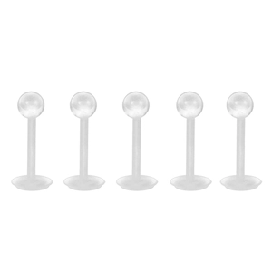 Five transparent medical acrylic piercing studs with ball tops and flat base backings