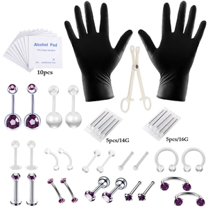 Kit de piercing 47 pièces avec aiguilles 14G/16G, outils et bijoux violets variés