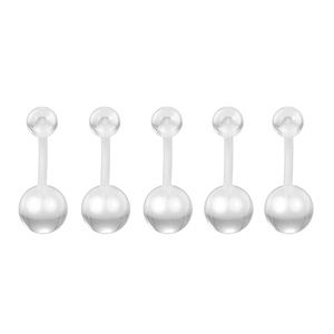Close-up of a 5-piece set of transparent acrylic curved navel rings with clear beads