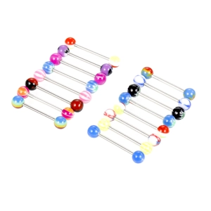 Set of 14 colorful acrylic barbell tongue rings with diverse patterned decorative balls