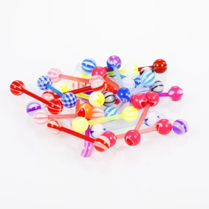 Colorful acrylic barbell piercing set with vibrant geometric patterns and high gloss finish