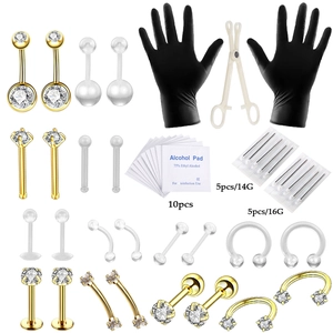 Kit de piercing corporel 47 pièces doré avec outils, bijoux, aiguilles et gants inclus