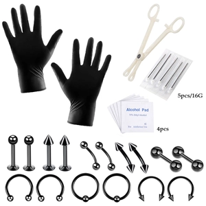 28-delige zwarte roestvrijstalen piercing set met tools, naalden en handschoenen