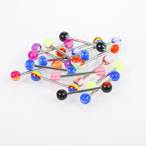 Colorful acrylic barbell tongue rings set with various patterns and steel rods