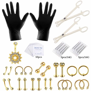 Kit de Piercing Professionnel Avec Bijoux en Acier Inoxydable Pinces en Acrylique Gants Aiguilles Tampons d'Alcool