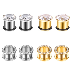 Set of 12 stainless steel ear gauges with zircon stones in silver and gold finishes