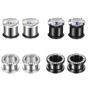 Zircon inlaid stainless steel ear tunnel set including silver and black gauged earrings