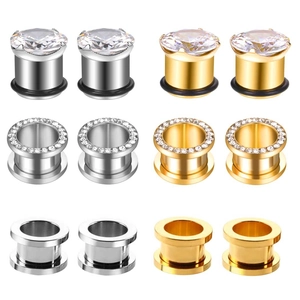 12pcs stainless steel ear gauge set with cubic zirconia in silver and gold finishes