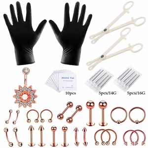 Kit complet de perçage corporel 47 pièces avec bijoux or rose et accessoires