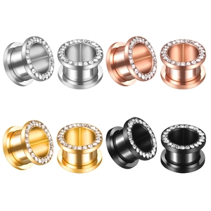 Set of 12 stainless steel ear tunnels with cubic zirconia in four metallic colors