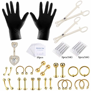 Kit de piercing complet de 47 pièces avec aiguilles 14G/16G et bijoux en acier doré