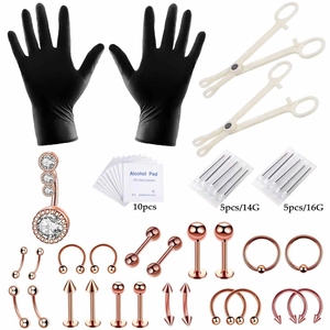 Kit de piercing corporel de 47 pièces avec outils professionnels et bijoux en or rose