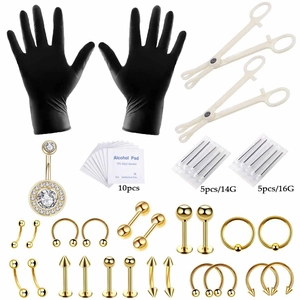 Kit de perçage corporel détaillé de 47 pièces avec bijoux dorés en acier inoxydable
