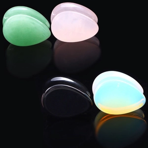 Teardrop ear plugs set featuring natural aventurine, rose quartz, and opalite stones