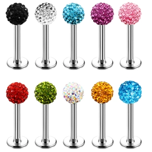 Set of 10 colorful crystal Shamballa labret studs in high-polished stainless steel