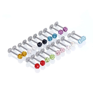 Nine pairs of colorful Shamballa crystal labret studs made of stainless steel for piercing