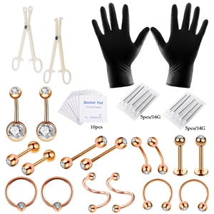 Kit de piercing 40 pièces en acier inoxydable rose doré avec aiguilles et bijoux
