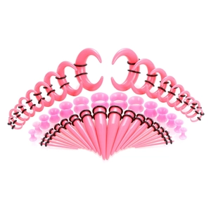 Rosa Acryl Ohr-Stretching-Kit mit Dehnstäben, Spiralen und Tunneln im 50er Set