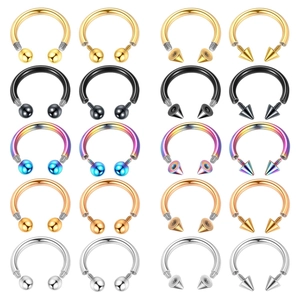 Set of stainless steel circular barbells with spikes and balls in five metallic colors