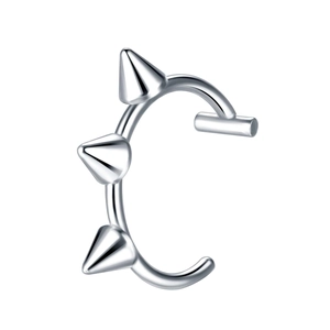 Polished silver stainless steel C-shaped lip ring with three sharp punk spikes