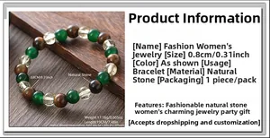 Detailed view showing 0.8cm natural tiger eye and green stone beads on elastic bracelet