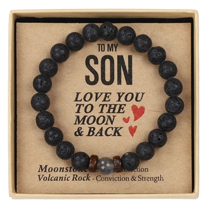 Detail of volcanic stone and moonstone beaded bracelet with emotional message gift card