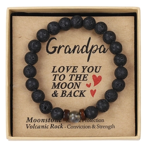 Detailed view of moonstone and volcanic rock bracelet in a kraft gift box for grandpa
