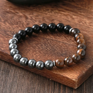 Hematite tiger eye and obsidian beaded stretch bracelet with metal spacers for men